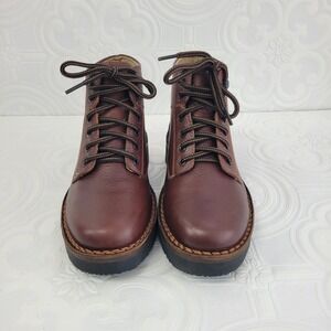 LL Bean‎ Womens Brown Leather Lace Up Ankle Boots Size 8 Lug Sole Chunky Heel